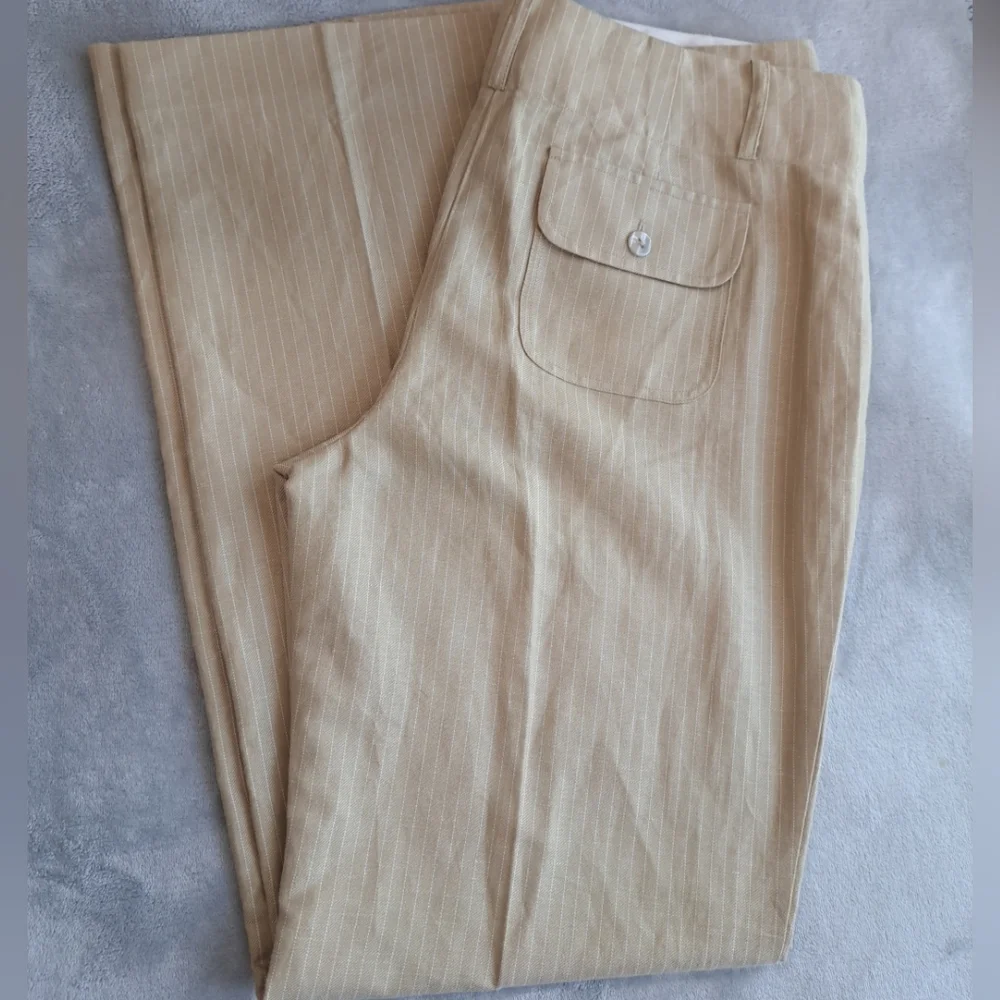 Women’s Tape Measure Beige Striped Linen Blend Career Style Pants Size 10 - Picture 3 of 16